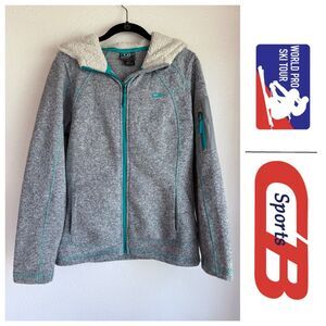 CB Sports Womens Zip Up Knit Hooded Jacket with Fleece Lined Hood in Gray & Teal